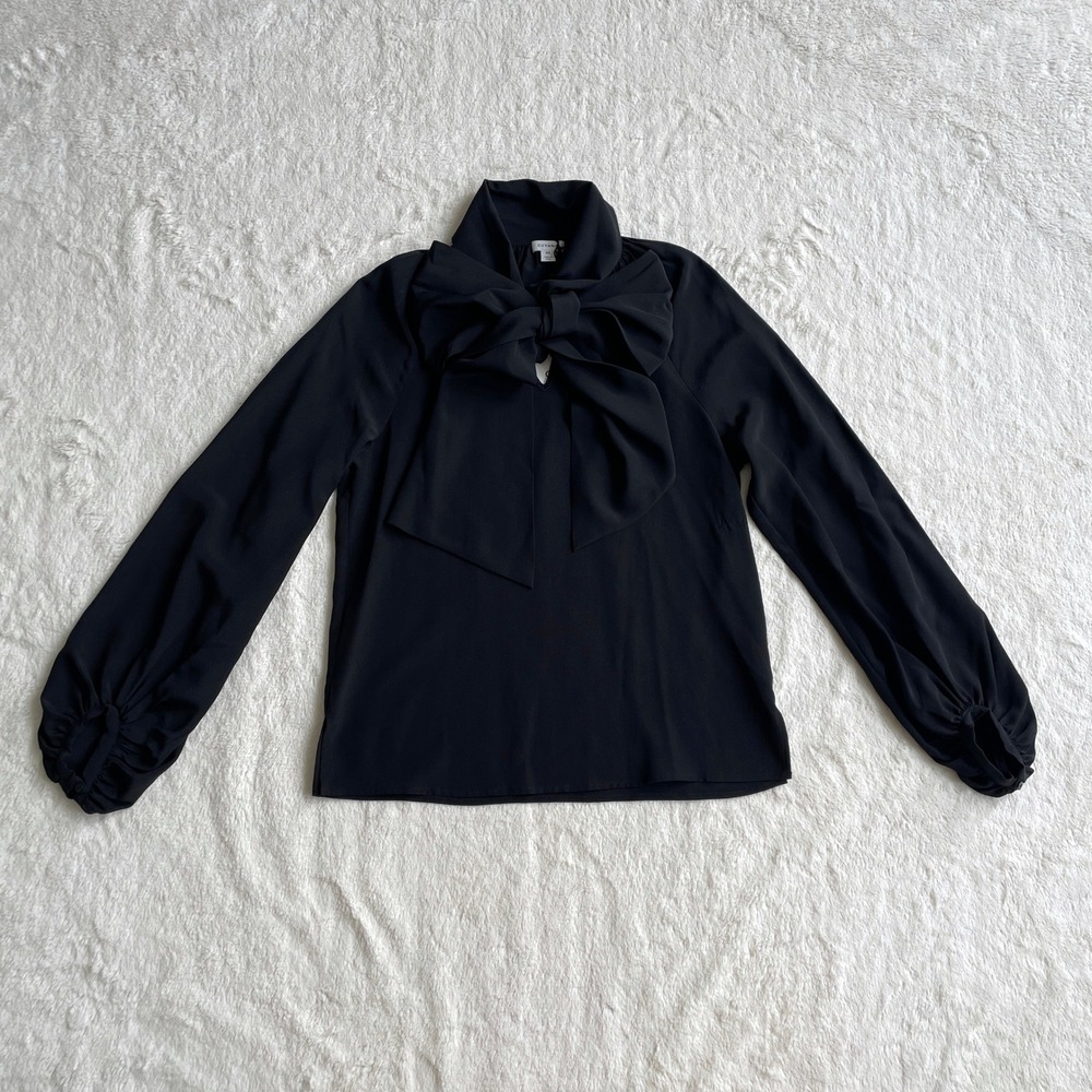 NWT Cuyana Silk Bow Blouse Black Long Sleeve High Neck Bow Top Size XS
